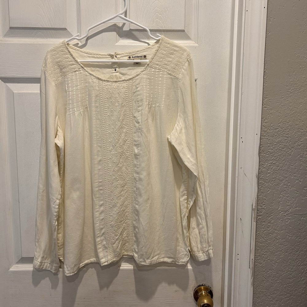 RuffHewn Ivory Boho Embroidered Pintuck Peasant Blouse Long‎ Sleeve Large